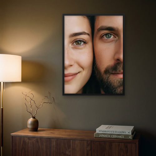 Cheek to Cheek Couple Portrait hanging in a living room