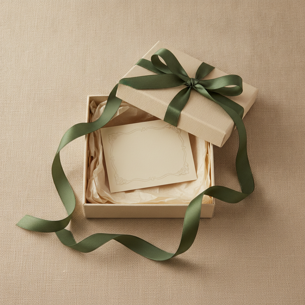 Gift message card inside a gift box with green ribbon