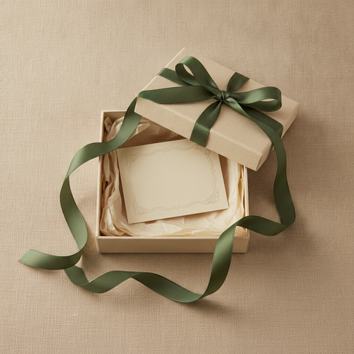 Gift message card inside a gift box with green ribbon